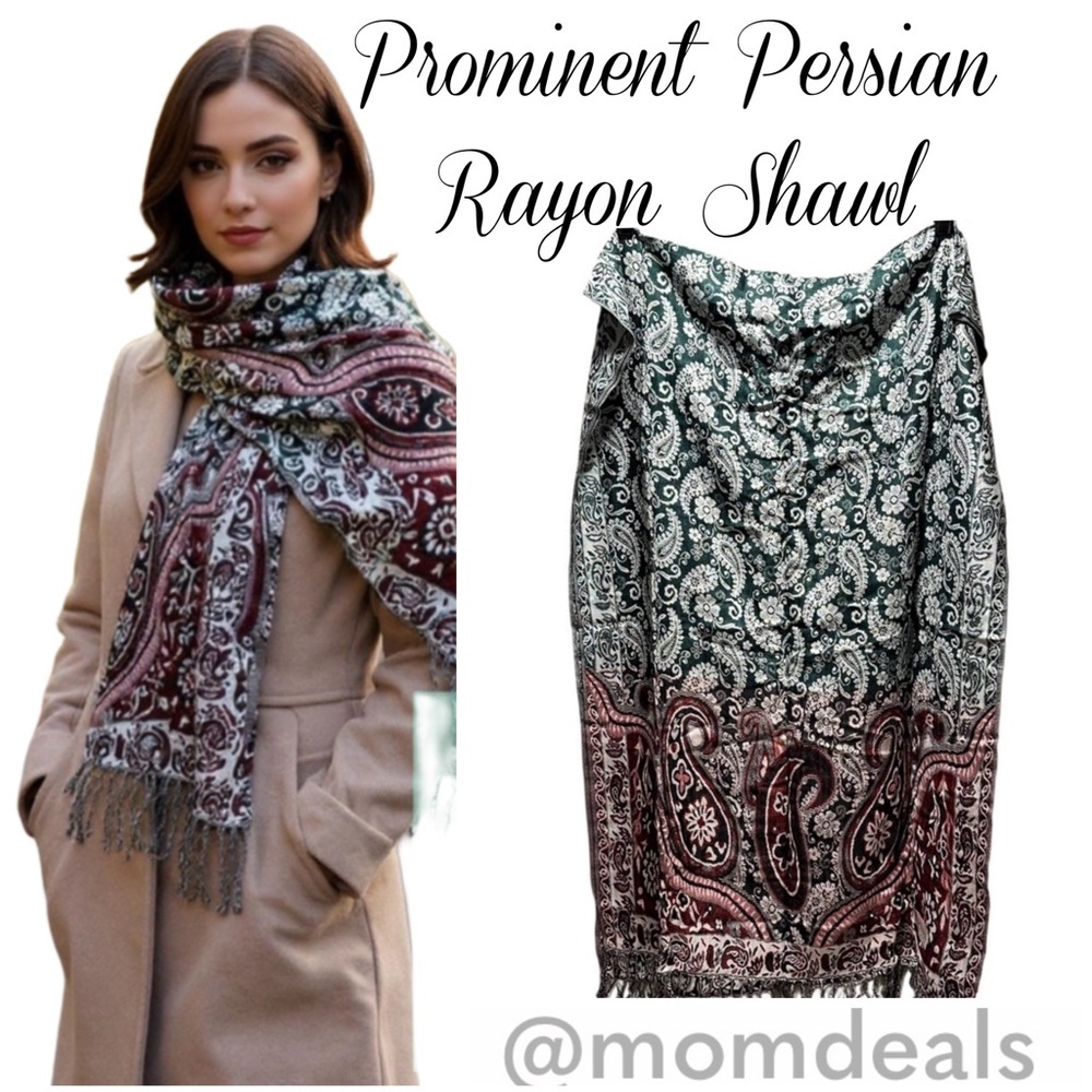 Elegant Shawl in Green & Red Paisley -Versatile Wrap, Scarf, or Veil, Soft Rayon